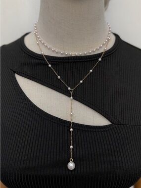 Layered Pearl Choker Necklace Gold Tone Y2K Double Layer Drop Pendant